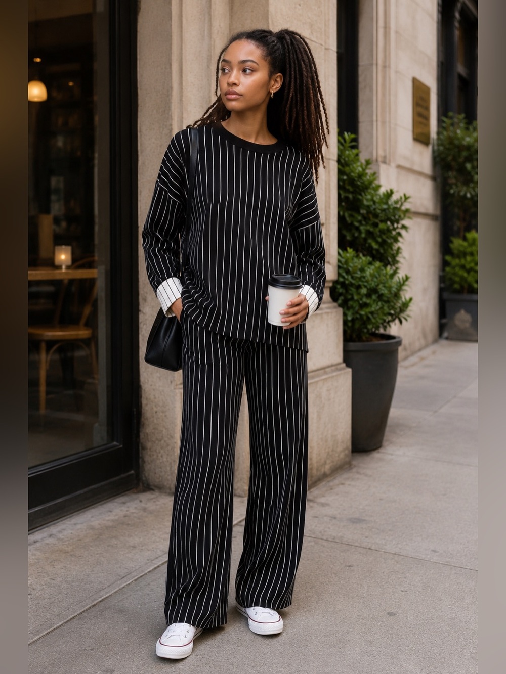 Black White Striped Knit Co-Ord Set 2 Piece Sweater & Wide Leg Pants Size S